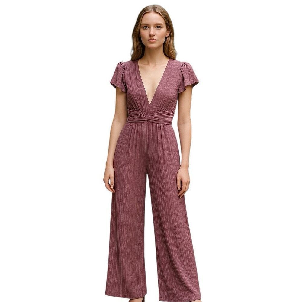 Sabina Musayev Pink Plunge Neck Flutter Sleeves Donni Jumpsuit Size XS